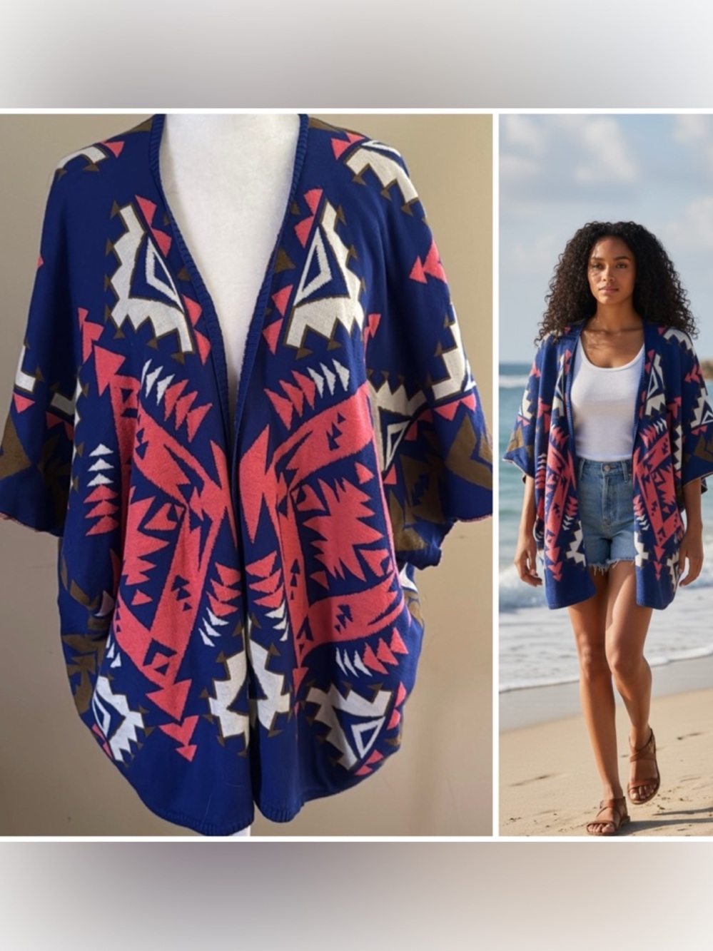 Flying Tomato Aztec Kimono Sweater Shrug Wrap Wm SM/MD Multicolor Open Front